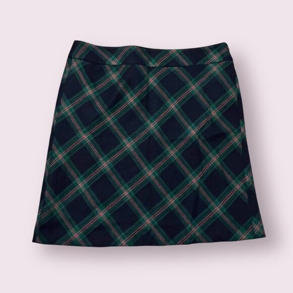 Talbots Women's Mini Skirt Green Navy Red Plaid Size 14P Side Zip Wool Blend - Picture 1 of 8